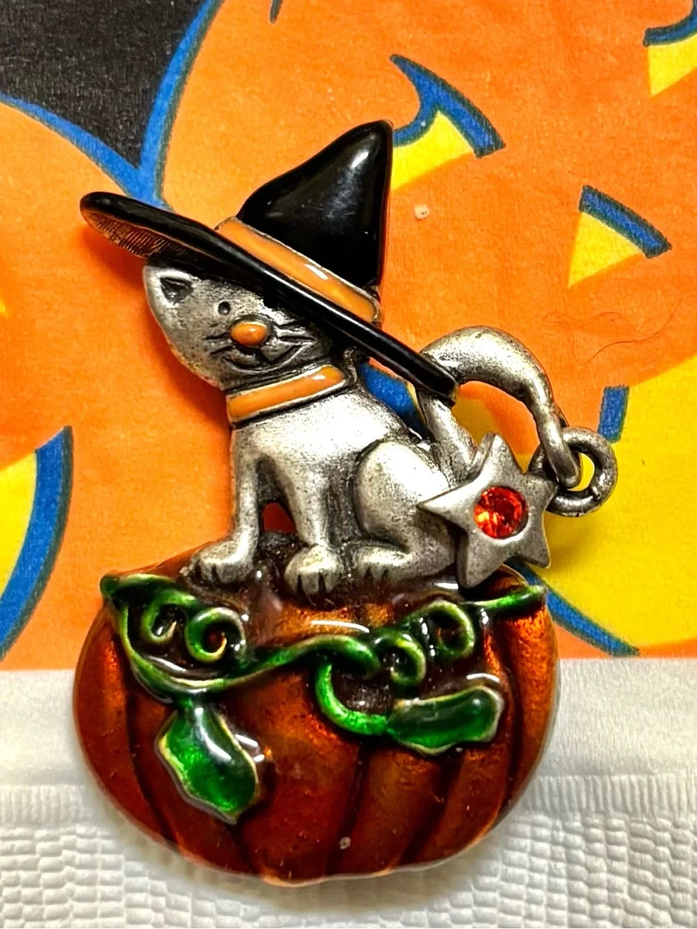 Cat Witch Pumpkin Fall Halloween Enamel Brooch